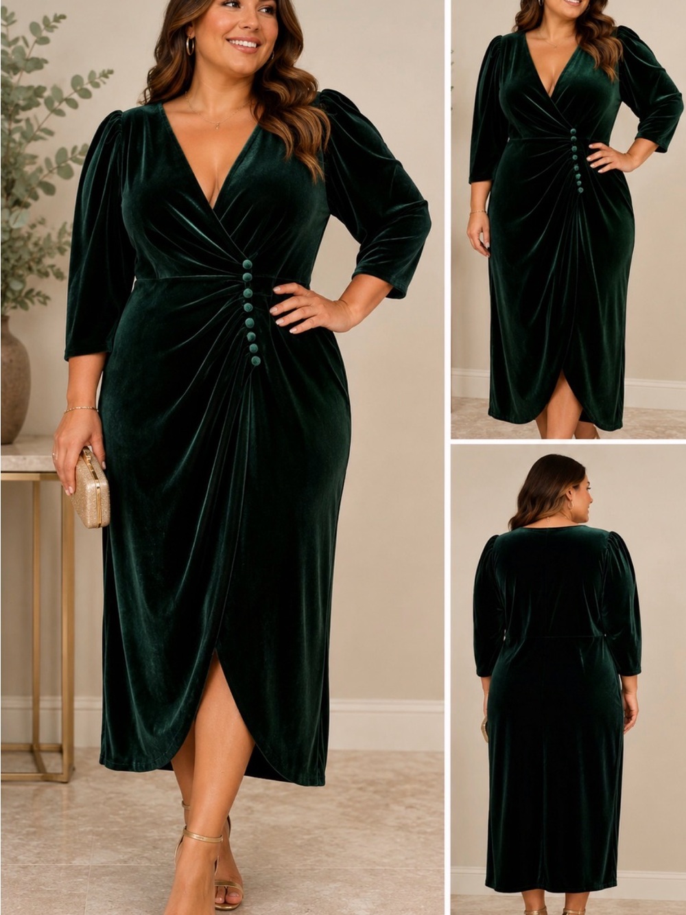 Chelsea28 Green Velvet Midi Dress Size  3X Deep V Draped Cocktail Dress